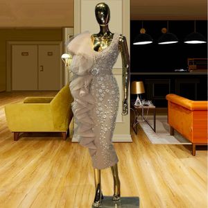2021 Ruffles Mermaid Gelinlik Çay Boyu Zarif Nakış Parti Balo Abiye Custom Made Resmi Elbise