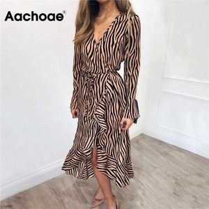 Aachoae långa klänningar 2021 Kvinnor Zebra Print Beach Bohemian Maxi Klänning Casual Långärmad V Hals Ruffles Party Dress Vestidos Y1006