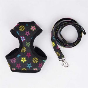 Black Dog Leather Harness Print And Leash Set For Small s Medium s 135cm Chest Vest 211022