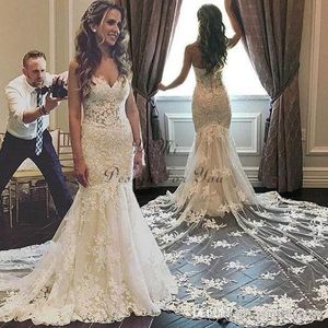 Full Lace Mermaid Dresses Sweetheart Halsbindning Kapell Tåg Täckta knappar Tillbaka Custom Made Beach Wedding Gown Vestido de Novia 403