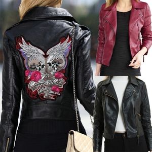 Women Embroidery Leather Jackets Winter Slim Motorcycle Bomber Skull Jacket Coats Black Wine Red 201020