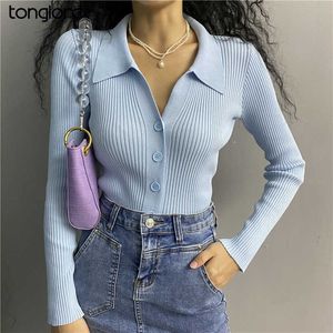 Korea Retro Sweater Tops Höst Single-breasted Polo Collar Stickade skjortor Kvinnlig långärmad Striped Solid Crop Top White 210922