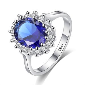 Com certificado princesa corte 3.2ct criado azul safira anel original 925 encantos de prata anéis de jóias de noivado para mulheres