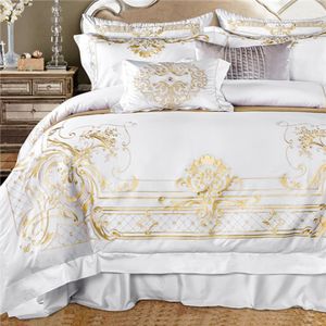 Queen Super King Size Bedding Set White Egyptian Cotton Gold Embroidery Duvet Cover Bed Sheet Fitted Sheet Parrure De Lit Ropa C0223