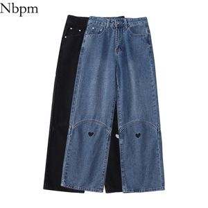 Nbpm moda jeans coração para meninas baggy mulher alta cintura streetwear denim calças calças mujer perna larga 210708