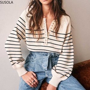 Ny Preppy Höst 2020 Beige Strikkad Tröja Kvinnor Button Oversize Pullover Tröja Vintage Striped Winter Casual Office Jumper X0721