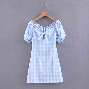 Mode Lace-up Stropless Klänning Sexiga Kvinnor Plaid Mini Klänningar Kortärmad A-Line Sommarlov Casual Vestido Mujer 210531