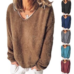 Streetwear 5xl Duży rozmiar Miękkie Pluszowe sweter Casual Z Długim Rękawem V-Neck Loose Swetry Topy Jesień Zima Kobiety Odzież Sweter Y0825
