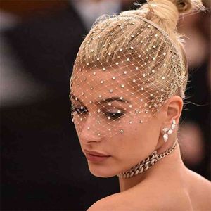 Bling White Diamante Hair Hoop Headband Veil Crystals Birdcage Bröllop Kombs Smycken Tillbehör Gåva 210707