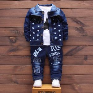 Outono roupas de bebê algodão manga longa sólido começar jaqueta superior calças jeans crianças roupas 3 pçs conjunto denim treino bebê menino conjunto