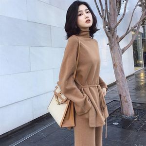 Dotyki damskie 2-częściowy sweter z dzianiny jesień i zima z długim rękawem topy szerokokrajt spodni damskie eleganckie garnitur odzież sportowa koreańska kurtka