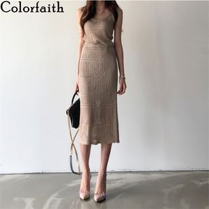 COLORFAITH Bahar Yaz Kadın 2 Parça Setleri Yelek Eşleştirme Uzun Etek Yüksek Bel Örme Oymak Zarif Takım Elbise WS3102 210730