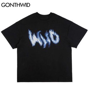 Gonthwid t-tröjor eld flamma ghost punk rock gothic tshirts streetwear hip hop hajuku mode casual kort ärm toppar 210629