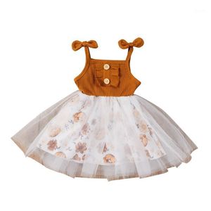 Mädchenkleider Süßes Prinzessinnenkleid für Kinder, Blumendruck, ärmellose Nähte, einteiliges Sommerkleid für den Sommer, Khaki/Gelb/Helllila, 6M-4T