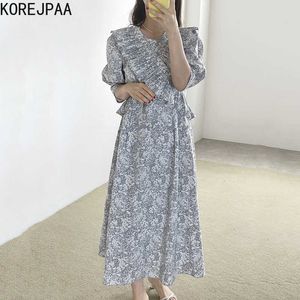 コレヒパアの女性のドレス夏の韓国のシックなラウンドネックの取り外し可能なツーウェアプリーツフリレートレースアップウエストパフスリーブVestidos 210526