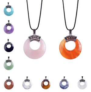 Circle Donut Healing Crystals Necklace Natural gemstone Chakra Amulet Lucky Coin Charm Protection Quartz Reiki Pendant Men Women