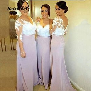 Glamorous Lilac A Line White Lace Bodice Maid Of Honor Dresses Long With 3/4 Sleeves Bridesmaid Gowns V Neck Back Out Wholesale