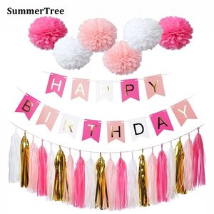 Wholesale pink tissue paper for sale - Group buy Happy Birthday Banner Pink White Gold Tissue Paper Tassel Garland Pompom Birthday Decorations Girl Boy Kids Party Favors Y201015
