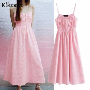 Klkxmyt Za Summer Dress Women Pink Plaid Slip Midi Dresses Woman Gingham Sleeveless Spaghetti Strap Beach Sundress Vestidos 210527