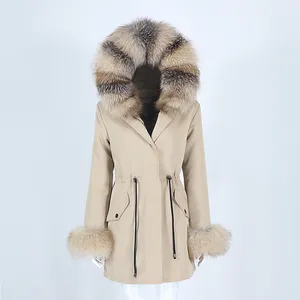 OFTBUY Wasserdichter langer Parka, Echtpelzmantel, Winterjacke für Damen, natürlicher Fuchspelzkragen, Kapuzenmanschetten, dick, warm, abnehmbar