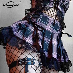 Gothic Punk Girls Pink Plaid Plised Spódnica Kobiety Streetwear Harajuku Y2K Moda Sweet Lace Splices Mini S Lolita 210629