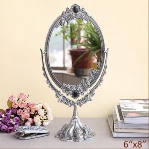 Mirrors European Antique Pewter Engraved Rose Flowers Design Double-sided 6x8 Inches Oval Framed Tabletop Metal Decorative Swing Mirror