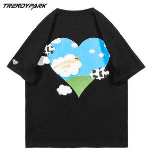 メンズストリートウェアTシャツ牧草牛牛プリントパンクロックティーシャツヒップホップ原宿ヒップスターカジュアル半袖特大トップ210601