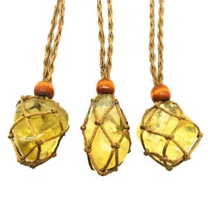 Naturlig kristall sten gul slät citrin halsband hängsmycke läkning smycken charms handgjorda retro nätficka flätat rep