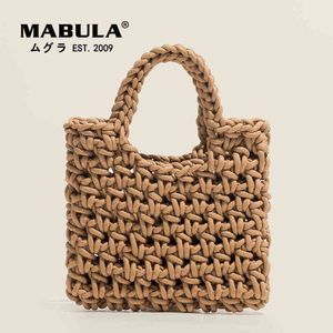 Shoppingkassar Mabula Enkel stilfullt virkade bomullspåse Eco Friendly Handwoven Stickad Tote Purses Summer Beach Handväska 220303