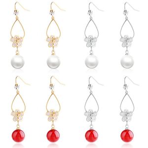 Wholesale red beaded earrings for sale - Group buy Stud European Fashion Zircon Flower Petals Red white Round Bead Long Tassel Earrings For Women Lady Jewelry Brincos