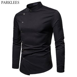 Czarny Mandarin Collar Slant Button Koszula Mężczyźni Slim Fit Długi Rękaw Smoking Sukienka Casual Wedding Chemise Homme 210626