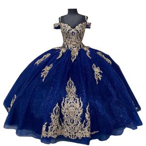 2022 Dark Navy Gold Applique Quinceanera Dresses Cold Shoulder Short Sleeve Bling Sequins Tulle Ball Gown Graduation Party Dress
