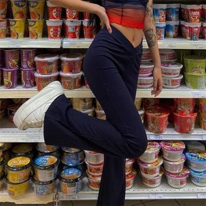 Casual V-Shaped High Waisted Flare Pant Fashion Summer Chic Black Byxor för kvinnliga Sweatpants Streetwear 211216