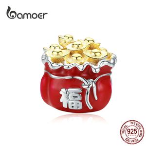 Bamoer Lucky Symbol Red Bag Metal Pärlor för Kvinnor Smycken Making 925 Sterling Silver Enamel Charm Fit Original Armband BSC100 Q0531