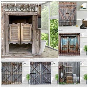 Retro Old Wooden Door Shower Curtains Vintage Barn Swinging Saloon Doors Waterproof Cloth Home Decor Screen Bathroom Curtain Set 211116