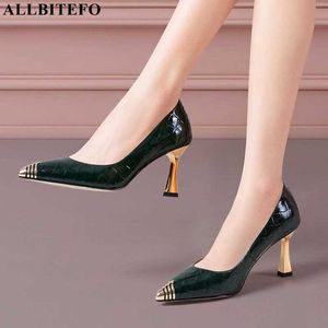 ALLBITEFO Size 33-43 Metal Toe Golden Heel Genuine Leather Women Heels Shoes Party Wedding High Heel Shoes Fashion High Heels 210611