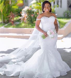 African 2021 Mermaid Wedding Dresses Plus Size Crystal Off the Shoulder Lace Appliques Bridal Gowns For Black Girls Tulle vestidos de novia