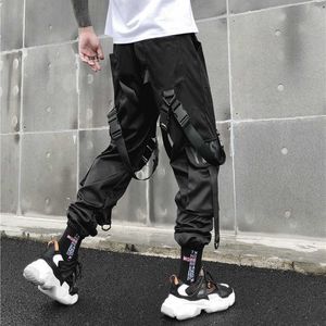 Streetwear Cargo Pants Men Harajuku Tactical Pants Ribbon Multi-pocket Trousers Women Elastic Waist HipHop Male Black Pant X0723