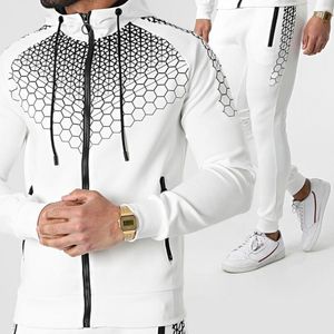 European American men's Tracksuits spring and autumn hooded jacket electronic honeycomb print casual trousers suit