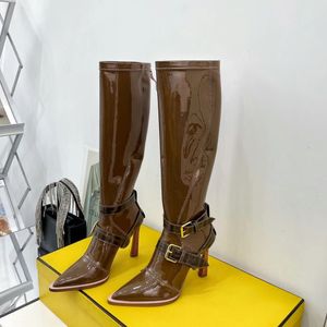 Brown Stretchy neoprene stiletto heels tall boots patent leather Back zip Buckle shoes pointed Toes Knee-high boot luxury designers shoe for women factory footwear