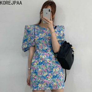 Korejpaa Women Dress Summer Korean Western Style Age-Reducing Round Neck Ink Smudged Floral Pleated Puff Sleeved Vestidos 210526