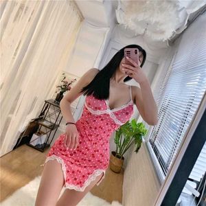 Kadın Yaz Sundresses Seksi Dantel Dikiş Kayışı Elbise Pembe Düzensiz Kiraz Y2K Giysileri Kadınlar için Parti 210604