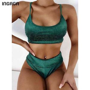 Ingaga Yüksek Bel Bikini'nin Mayolar Nervürlü Mayo Push Up Biquini Seksi Kesim Mayo Donanma Beachwear 210722