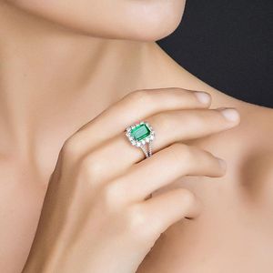 Cluster Rings Vintage 100% 925 Sterling Silver Emerald Gemstone Wedding Engagement Diamonds Vierkante fijne sieraden voor vrouwen luxe cadeau