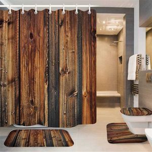 레트로 오래 된 나무 문 샤워 커튼 목욕 매트 세트 방수 패브릭 욕실 커튼 세트 깔개 뚜껑 화장실 커버 홈 장식 211116