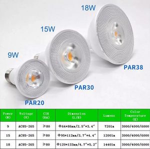 COB LED Downlight Par38 LEDs Lâmpada Par30 PAR20 PAR20 85-265V 9W 15W 18W E27 Não-Dimmable LED Lâmpada Lâmpada De Iluminação