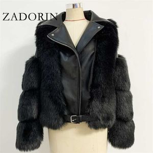 Zadorin Top Fashion Luxury Faux Fur Coat Motorcykel PU Läder Slå ner Krage Varm Faux Jacka Kvinnor Vinter 211220