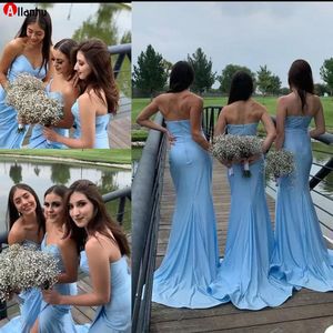 Sweetheart Bridesmaid Dresses Sky Blue Chiffon Ruched Ruched Pleats Side Slit Sheath Sweep Train Custom Made Maid of Honor Gowns 5J1