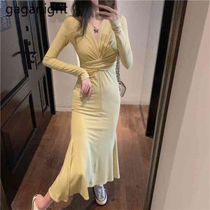 Seksowne kobiety Bodycon Maxi Sukienka Kobieta W Ciąży Ruffles Suknie V Neck Wiosna Jesieni Party Ruched Vestidos Koreański 210601