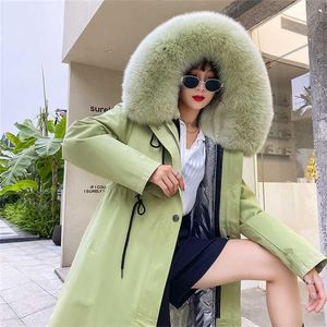 Wasserdichte Parka Casual Winter Echtpelz Jacke Frauen Mantel Natürliche Pelz Kragen Kapuze Kaninchen Pelz Liner Oberbekleidung Warme 211122